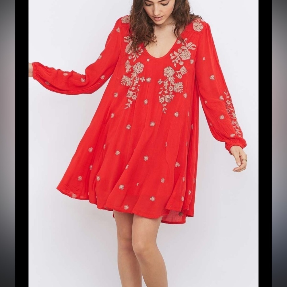 Free People red with tan embroidered long sleeve swing dress 37425